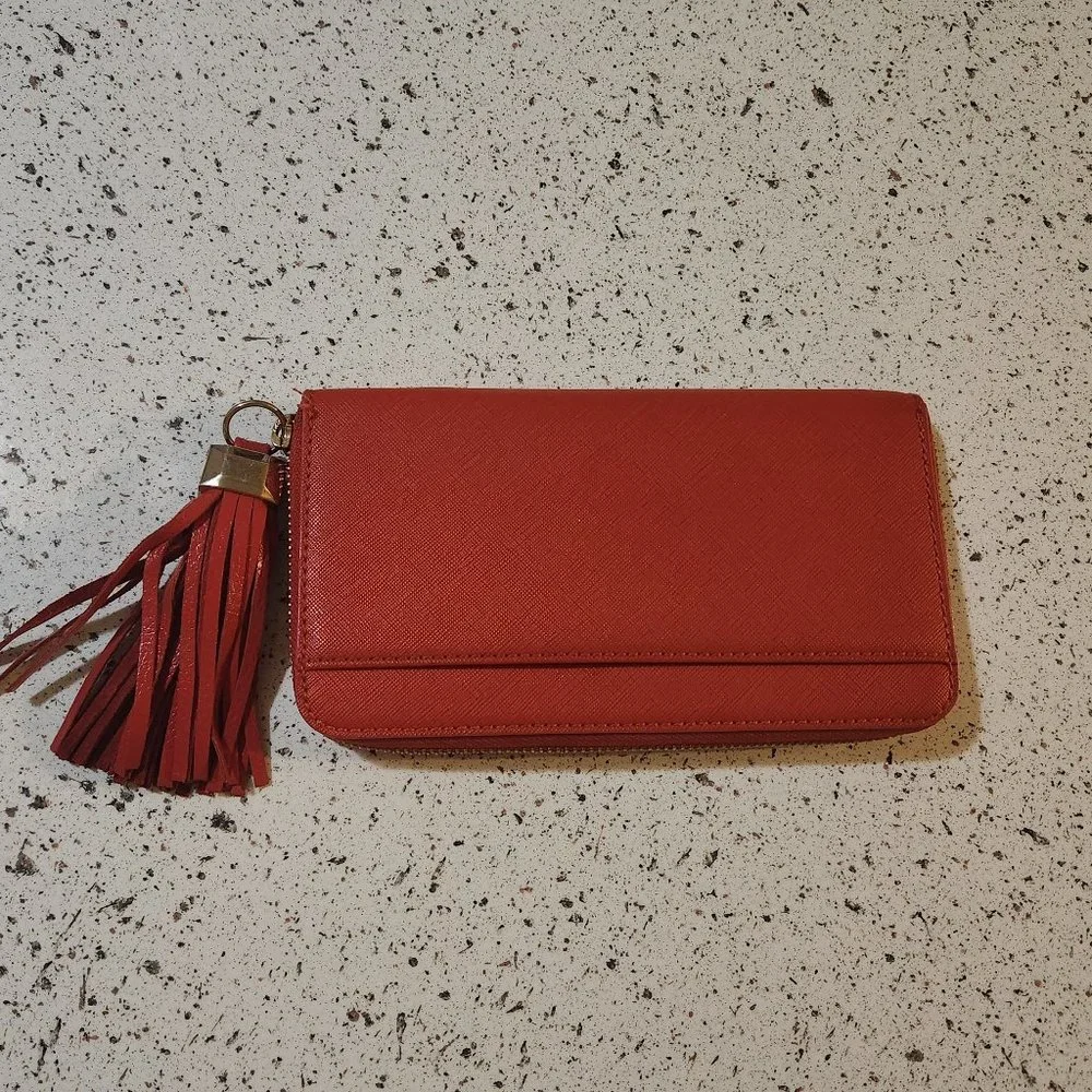 Stella & Dot Red Pink Poppy Mercer Tassel Zip Wallet